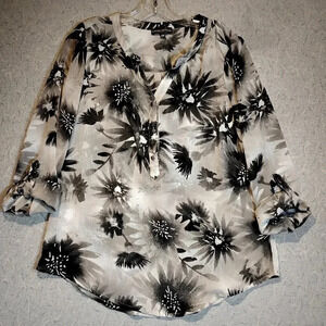 Classic Editions Black & White  Sheer Long Sleeve Lightweight Blouse Size Medium